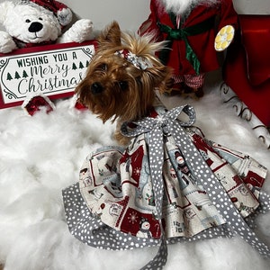 May include: A small dog wearing a gray and red Christmas dress with white polka dots. The dress has a bow and a snowman pattern. The dog is sitting on a white fluffy surface. A sign that says "Wishing you a Merry Christmas" is in the background.
