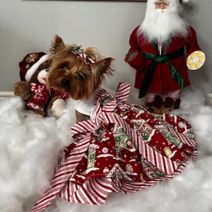 May include: A small Yorkshire Terrier dog wearing a red and white striped dress with a gingerbread house pattern. The dog is sitting on a white fluffy surface with a Santa Claus figurine and a teddy bear in the background. The sign above reads "It's the most Wonderful Time of the Year."