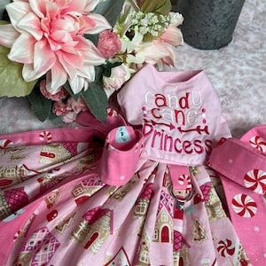May include: Pink and gold dog dress with a gingerbread house print. The dress has a pink bodice with the text "candy cane princess" embroidered on it.