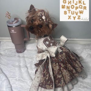 May include: A small brown and white dog wearing a brown and white dress with gingerbread men and snowflakes. The dog is wearing a brown bow in its hair. The dress has a white ribbon tied around the waist. The dog is standing on a white fluffy surface. The image also includes a brown and white mug with the word "STANLEY" on it. The image also includes a gingerbread man cookie on a stick. The image also includes a chart of letters in a gingerbread man design. The text "Personalize by Choosing a letter of your choice" is at the top of the image. The text "MACHINE EMBROIDERY DESIGN" is at the top of the chart of letters.