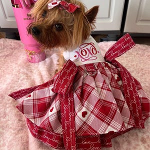 May include: A small dog wearing a red and white plaid dress with a white bodice that says "XOXO" in pink. The dress has a red bow on the top and is trimmed with white "love" script.