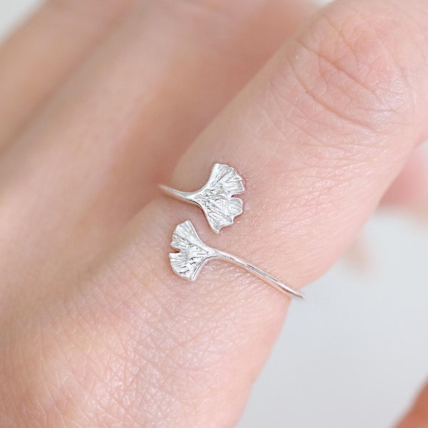 Ginkgo Leaf Ends Wraparound Ring • Ginkgo Fan Shape Leaves Open Adjustable Ring • Minimalist Sterling Silver Leaf Ring
