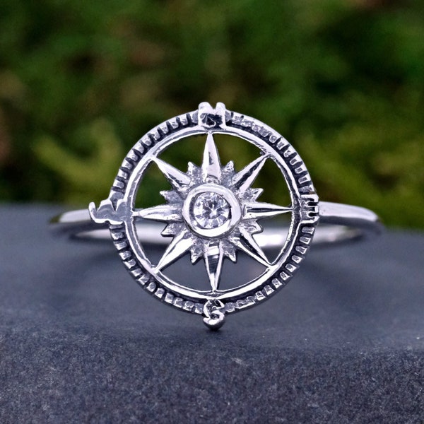 Compass Ring | Womens Compass with CZ Centered Ring | Solid 925 Sterling Silver Ring | Trendy Fashion Ring | Cardinal Direction Ring