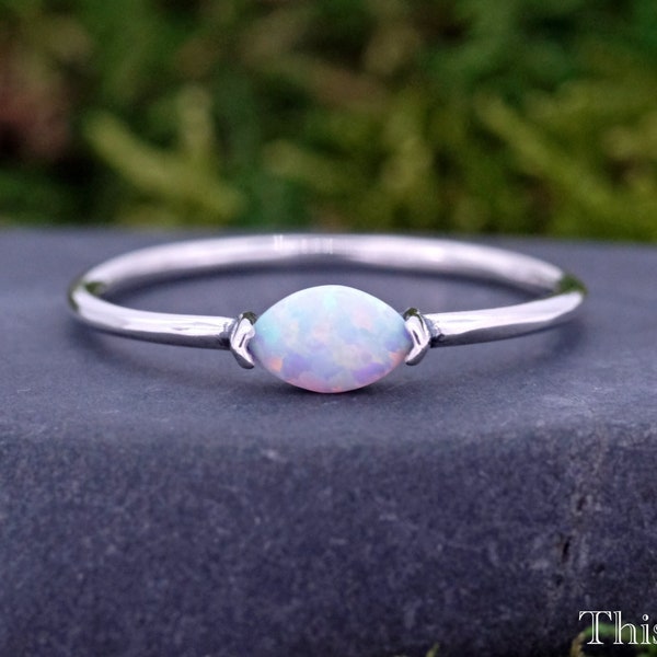 Oval Opal Minimalist Silver Wedding Ring | 4mm White Lab Opal Womens Ring | Solid 925 Sterling Silver Soliatire Opal Anniversary Ring Band