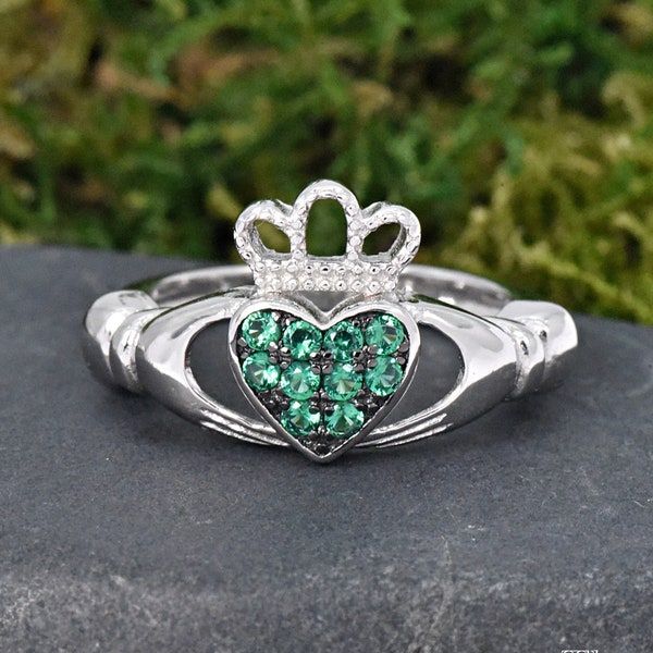 Celtic Claddagh Ring Birthstone CZ, May Birthstone Green CZ Irish Claddagh Ring, Friendship Ring, Birthday Gift, Girls Claddagh Ring