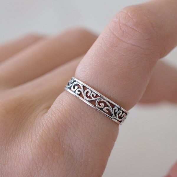 Filigree Band Ring | Womens 4mm Filigree Thumb Ring | Solid 925 Sterling Silver Ring | Boho Chic Ring | Womens Silver Filigree Branch Ring