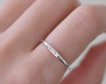 Evil Eye Ring | Minimalist Eye Engraved with CZ Ring | Women's Eye Symbol Signet Style Thin Ring | Solid 925 Sterling Silver Eye Ring