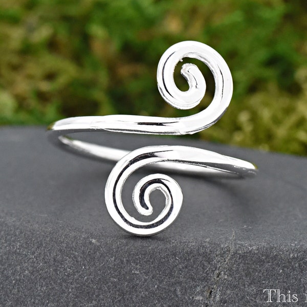 Minimalist Swirl Ends Bypass Style Sterling Silver Adjustable Open Thumb Ring • Womens Silver Ring • Wraparound Spiral Ring • Boho Ring