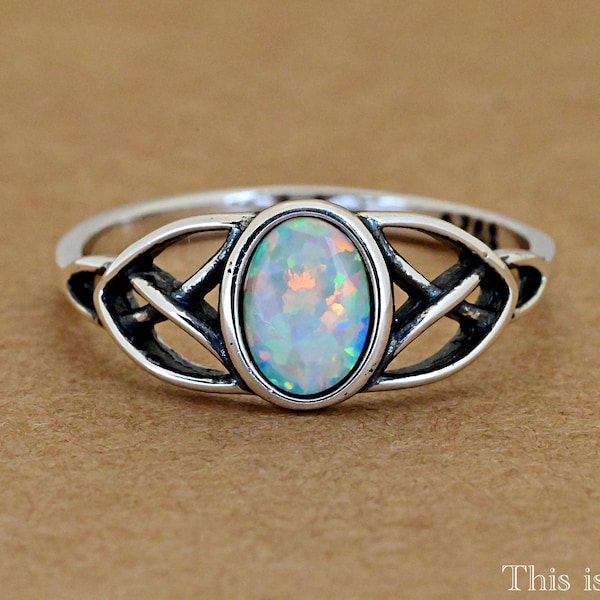 Triquetra Trinity Knot Sides Opal Promise Ring | Lab Created White Opal Bezel Set Celtic Knot Engagement Ring | Solid 925 Sterling Silver