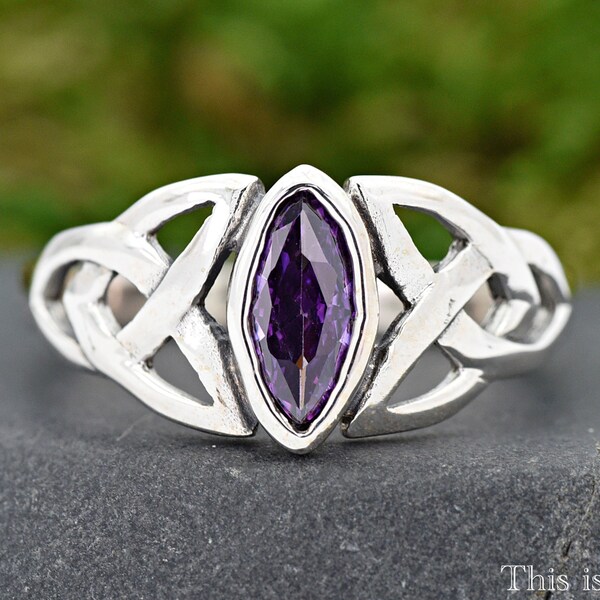 Marquise Simulated February Birthstone Purple Amethyst CZ Triquetra Celtic Knot Sides Solid 925 Sterling Silver Ring • Womens Birthday Gift