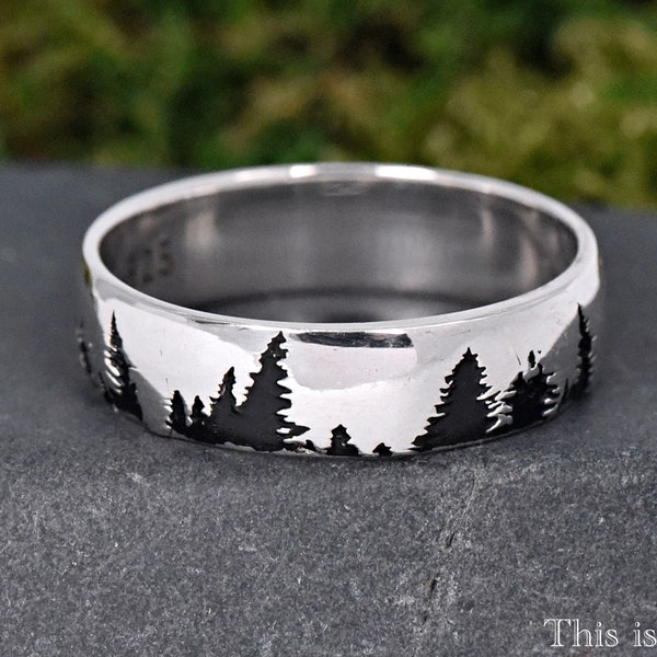 Unique Evergreen Pine Trees Engraved Sterling Silver Ring Band • Nature Theme Ring • Silver Band • 5mm or 7mm Couples Matching Ring Set