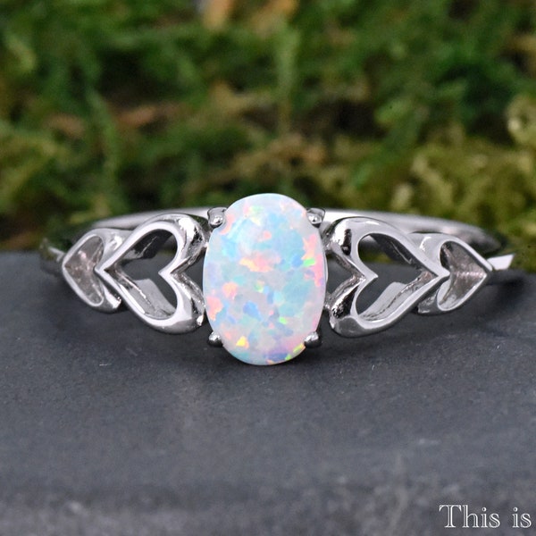 Sterling Silver Opal Heart Sides Ring • Promise Ring • Dainty Silver Ring • Women's Opal Ring • Boho Ring • Ring for Her