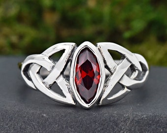 Marquise Simulated January Birthstone Garnet Red CZ Triquetra Celtic Knot Sides Solid 925 Sterling Silver Ring • Birthday Gift • Womens Ring