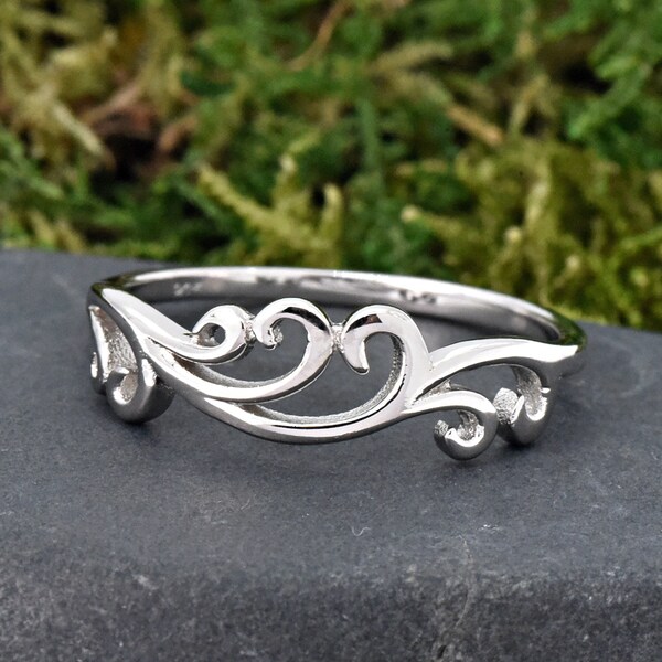 Filigree Wave Ring, Sterling Silver Ring, Women's Filigree Style Ocean Waves Ring, Silver Band