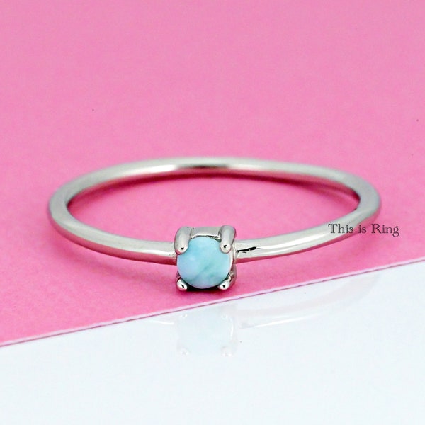 Tiny 3mm Genuine Larimar Solitaire Prong Set Sterling Silver Ring • Delicate Larimar Ring • Womens Ring • Girls Larimar Ring • Gift