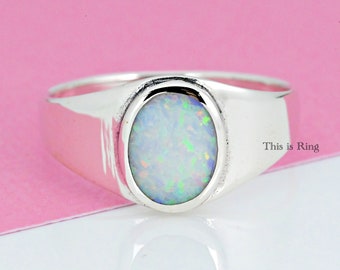 Oval Shape White Opal Bezel Set Signet Style Ring • Solid 925 Sterling Silver Opal Ring • Womens Unique Opal Band • Created Opal Ring