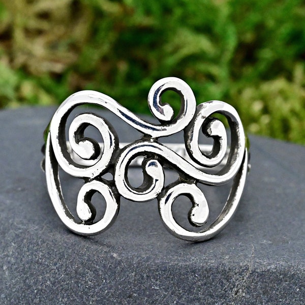 Freeform Swirl Filigree Style Ring • Solid 925 Sterling Silver Band • Filigree Thumb Ring • Minimalist Silver Ring • Boho Ring