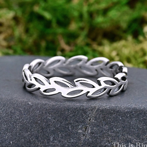 Minimalist 4mm Olive Leaf Eternity Ring • Solid 925 Sterling Silver Leaves Band • Laurel Wreath Ring • Nature Inspired Jewelry