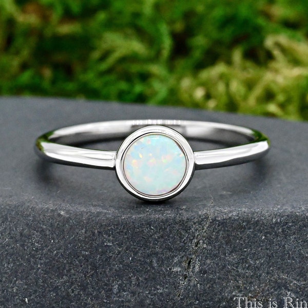 6mm Opal Bezel Set Solitaire Wedding Ring • Solid 925 Sterling Silver Lab Created White Opal Engagement Ring • Minimalist Anniversary Ring