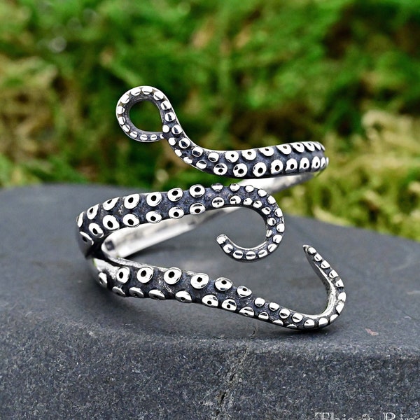 Octopus Tentacle Wraparound Ring • Solid 925 Sterling Silver Octopus Arm Tentacle • Open Adjustable Tentacle Ring • Gothic Theme Thumb Ring