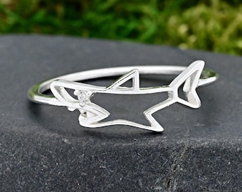 Shark Ring • Solid 925 Sterling Silver Cut Out Shark with Cubic Zirconia Eyed Ring • Sideways Shark Fish Ring • Girls Womens Shark Ring