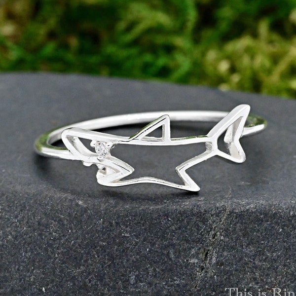 Shark Ring • Solid 925 Sterling Silver Cut Out Shark with Cubic Zirconia Eyed Ring • Sideways Shark Fish Ring • Girls Womens Shark Ring