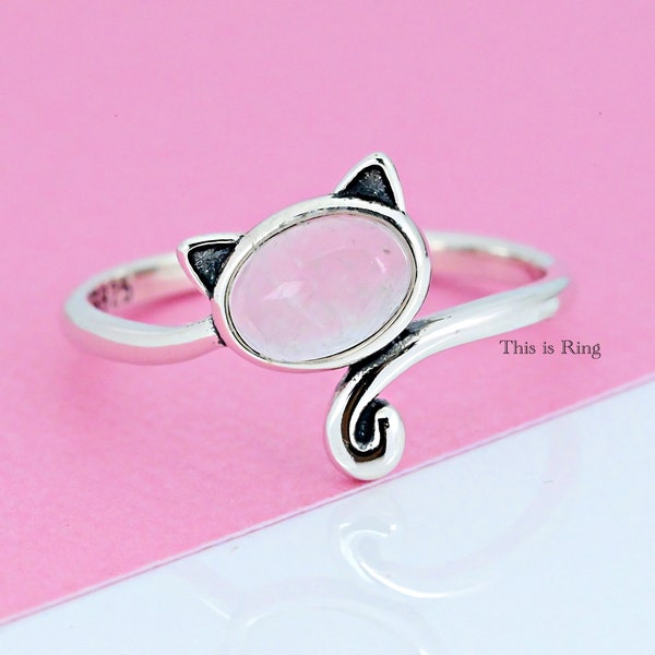 Cabochon Style Moonstone Bezel Set Cat Ring • Solid 925 Sterling Silver Cat Head Tail Ring • Delicate Animal Theme Ring