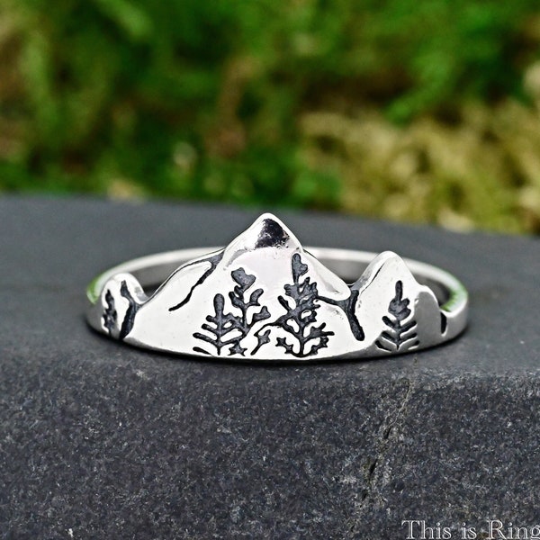 High & Low Mountain Range Trees Engraved Sterling Silver Ring, Mountain Ring, Hikers Gift, Nature Theme Mountains Trees Ring