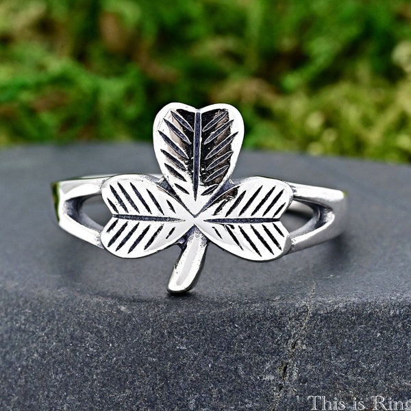 Shamrock Ring • Solid 925 Sterling Silver Clover Ring • Ireland Irish Symbol Saint Patrick Ring • Celtic Trinity Ring • Faith, Hope and Love