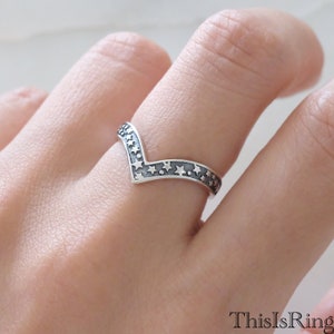 V Shape Stackable Ring Stars Bead Pattern | Deep V-Shape Oxidized Silver Ring | Sterling Silver Chevron Style V Ring | Womens Thumb Ring