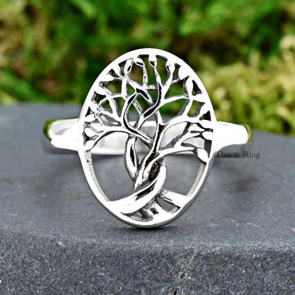 15mm Oval Shape Tree of Life Cut Out Silver Ring • Solid 925 Sterling Silver Celtic Sacred Tree Ring • Crann Bethadh • Tree of Knowledge