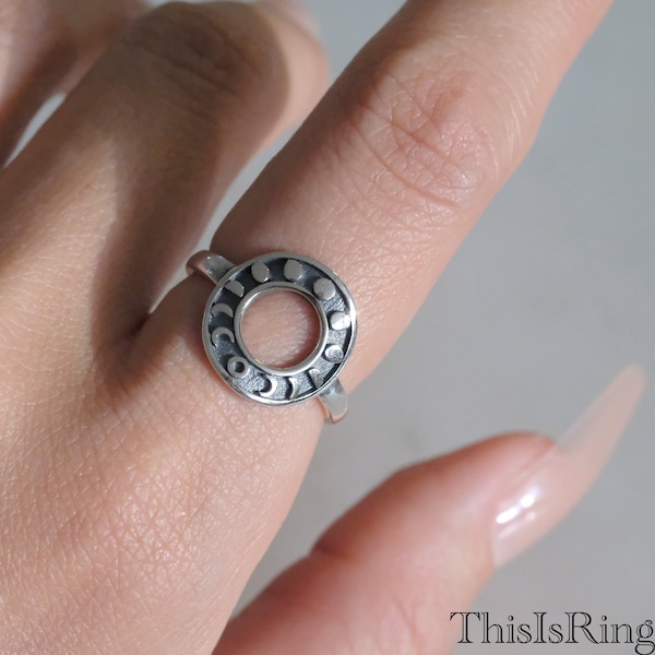 Moon Phases Open Circle Karma Ring | Womens Lunar Ring | Oxidized 925 Sterling Silver Ring | Moon Phases Ring | Crescent Moon to Full Moon