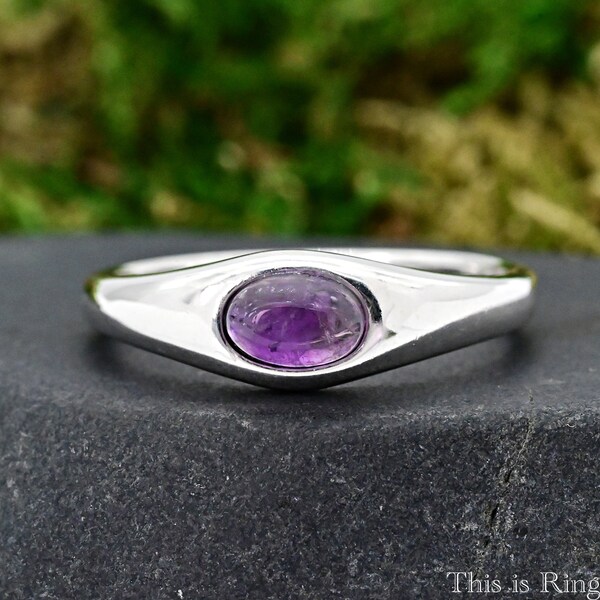 Amethyst Flush Set Ring • Solid 925 Sterling Silver Ring • Minimalist February Birthstone Purple Ring • Women's Gir's Birthday Ring