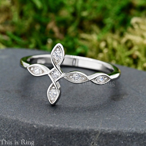 Minimalist Sideways Celtic Cross Knot Sterling Silver CZ Ring • Datiny Cross Knot Ring • Celtic Cross Simple Ring • Cross CZ Ring