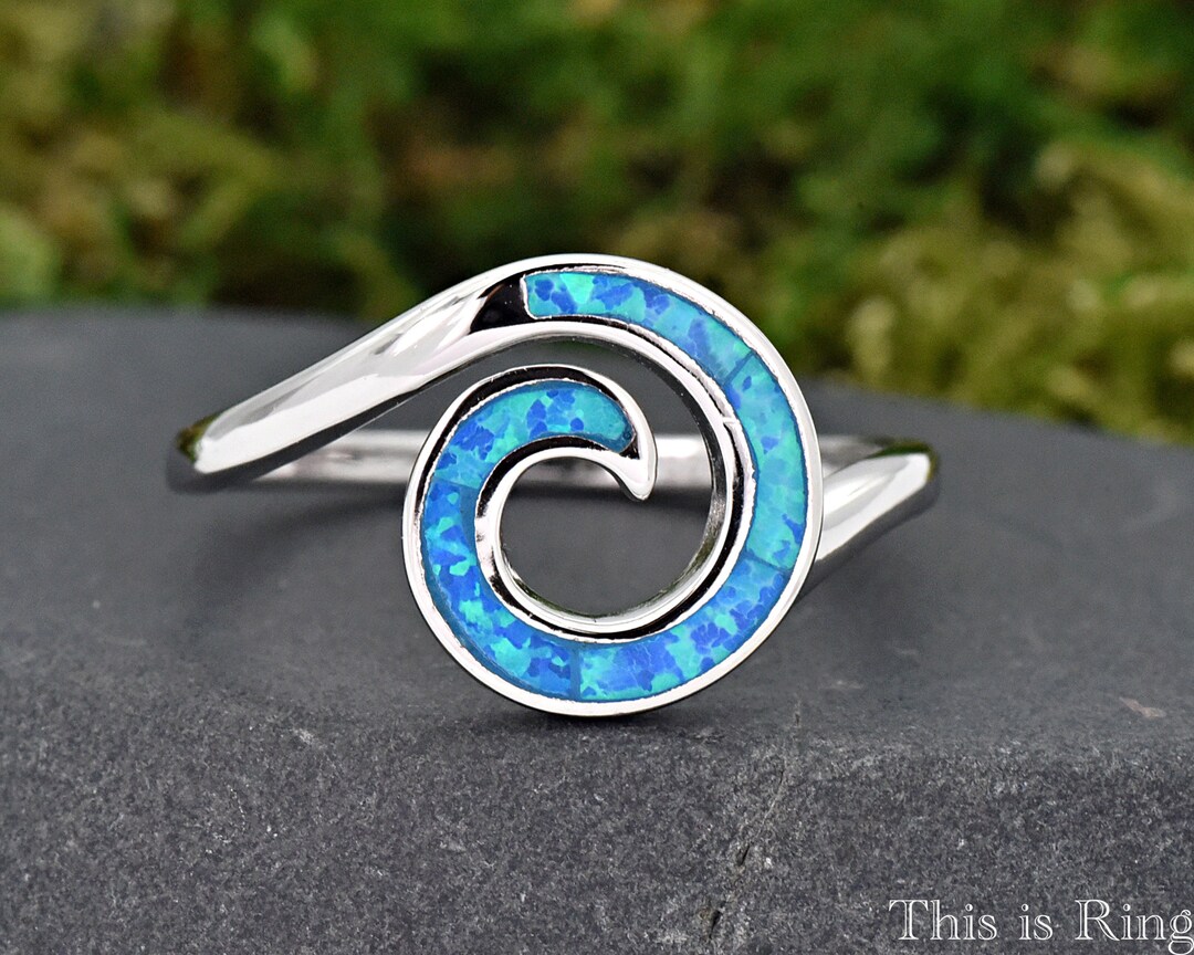 12mm Big Circle Spiral Blue Opal Ring Womens Spiral Wave Etsy 