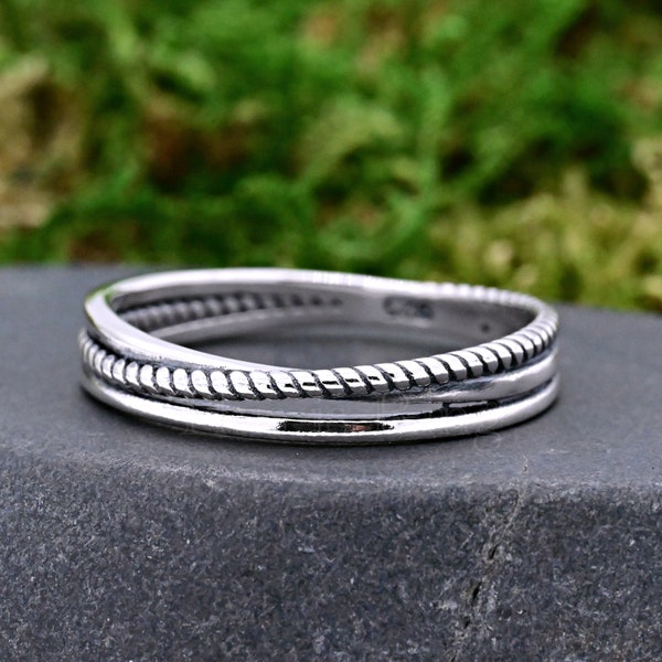 4mm Thin Multi Layer Criss Cross Rope Twist Center Ring • Solid 925 Sterling Silver Unique Trendy Ring • Wavy Layered Thumb Ring