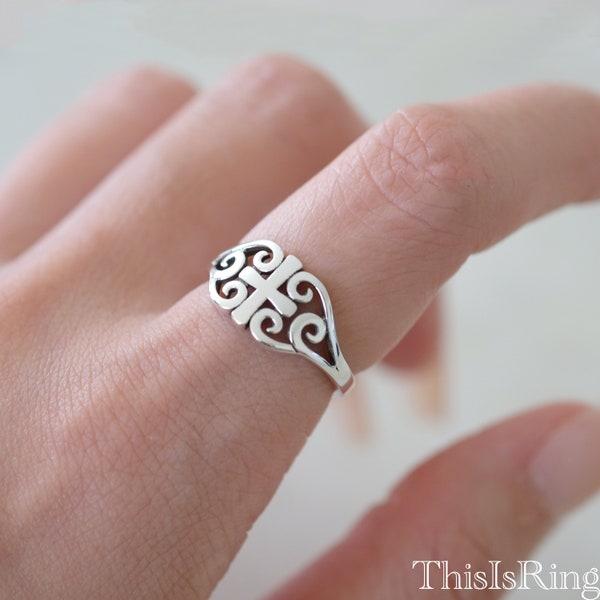 Filigree Medieval Cross Ring | Womens Cross Ring | Solid 925 Sterling Silver Ring | Christian Symbol Cross Ring | Art Deco Ring Silver