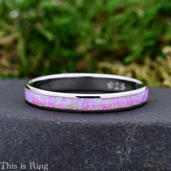 Pink Opal Inlay Eternity Ring • 925 Sterling Silver Opal Ring • Thin Thumb Ring • Stackable • Gift • Engagement Ring • Wedding Ring