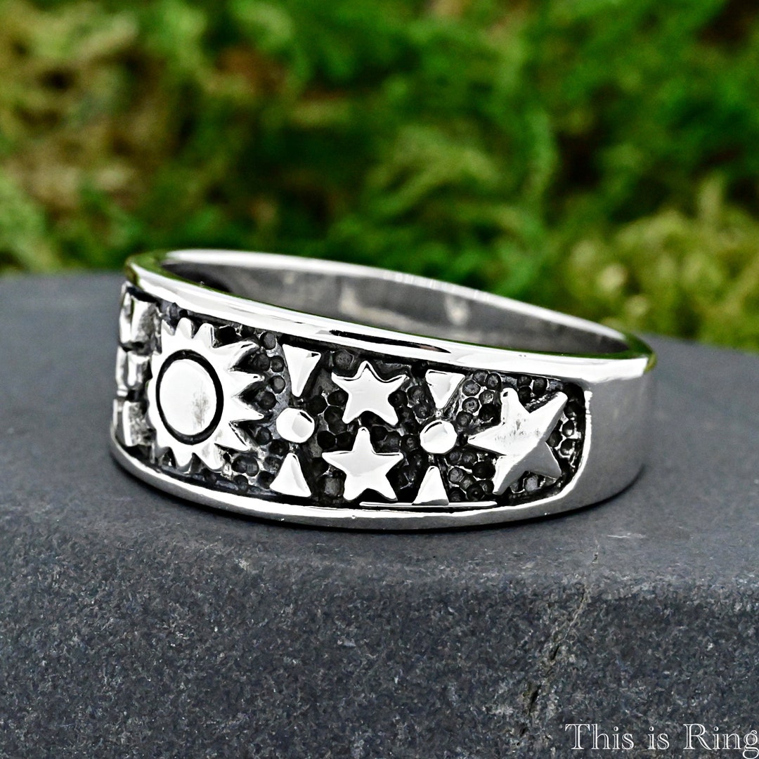 Star Rings With Triangle Design Sun and Stars Celestial Carved Ring Solid 925 Sterling Silver Day Night ...