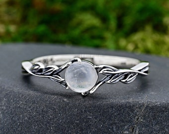 Moonstone Solitaire Vine Branch Silver Ring • Solid 925 Sterling Silver Moonstone Ring • Vintage Style Vine Set Moonstone Wedding Ring