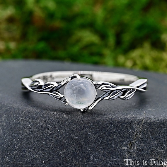 Moonstone Solitaire Vine Branch Silver Ring Solid 925 Sterling