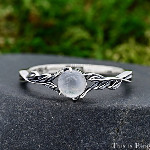 Moonstone Solitaire Vine Branch Silver Ring • Solid 925 Sterling Silver Moonstone Ring • Vintage Style Vine Set Moonstone Wedding Ring