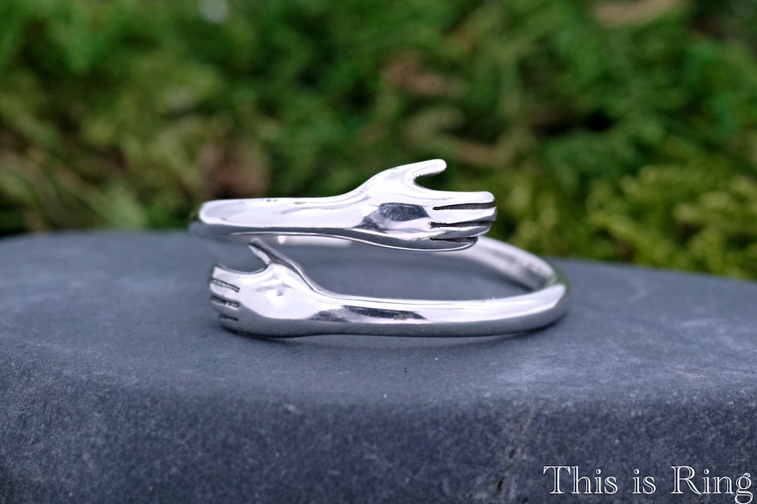 Hugging Hands Ring Hands Sterling Silver Ring Two Hands Open Adjustable