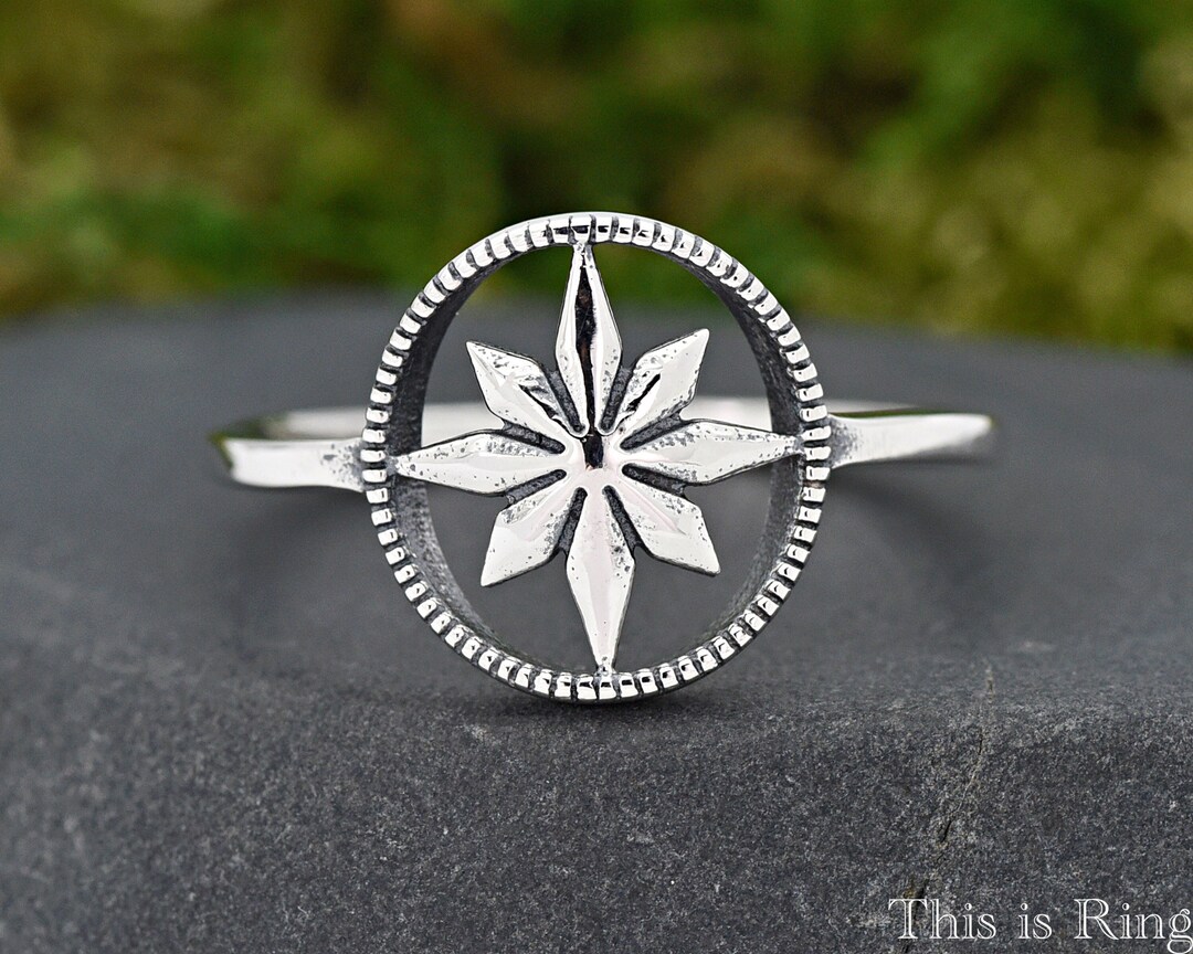 Silver Minimalist Compass Rose Ring Solid 925 Sterling Silver Compass