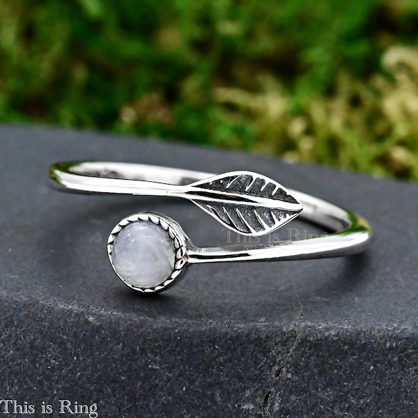 Small Moonstone Bezel Set Open Adjustable Leaf End Silver Warp Ring • Solid 925 Sterling Silver Moonstone Nature Ring • Expandable Ring