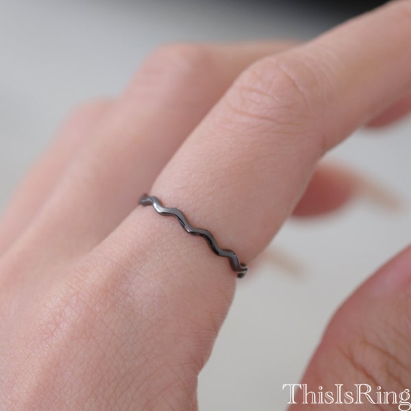 Black Rhodium Sterling Silver Wavy Skinny Thumb Ring Thin Waves Stackable 2mm Womens Ring | Black Silver Thumb Ring | Small Midi Ring