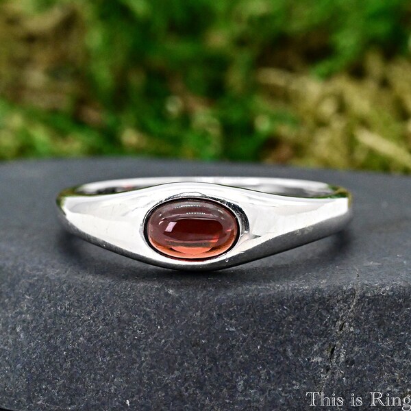 Genuine Garnet Flush Set Ring • Solid 925 Sterling Silver Ring • Minimalist Style January Birthstone Red Ring • Girl's Women's Birth Ring