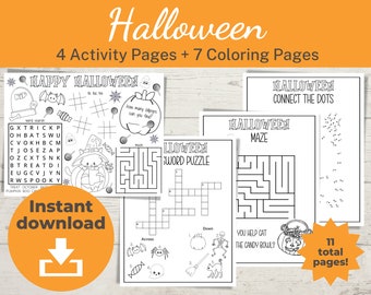 Printable Halloween Activity Pages: Coloring, Maze, and More (Digital Download)