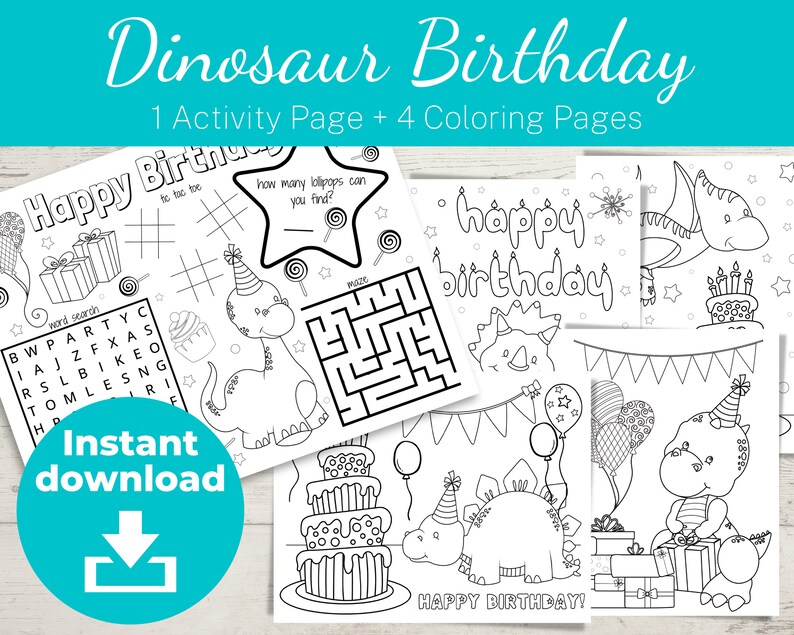 Dinosaur Birthday Activity Coloring Pages | Printable - Etsy