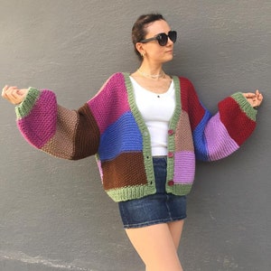 Harry Styles Knit Oversized Cardigan Sweater-Colourblock Patchwork Multicolour,Oversized Patchwork Cardigan Sweaters,Knit Sweater Women